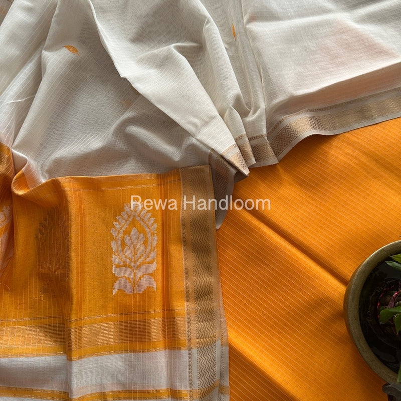 Maheshwari Orange-White Motifs Top-Dupatta Set MS0152