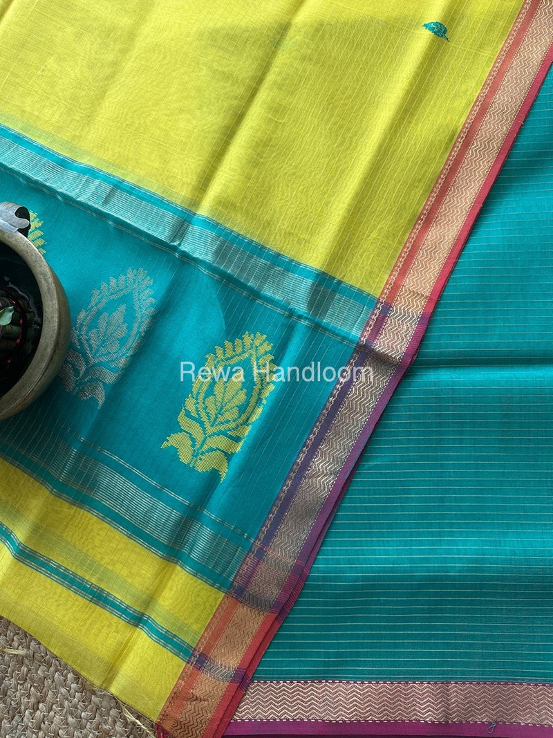 Maheshwari Aqua Green-Yellow Motifs Top-Dupatta Set MS0151