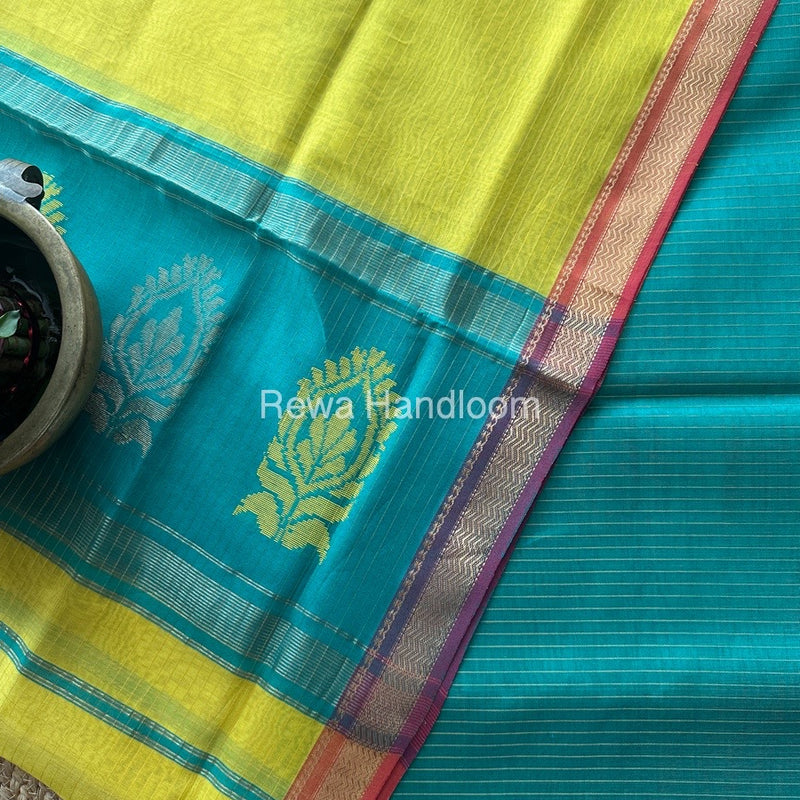 Maheshwari Aqua Green-Yellow Motifs Top-Dupatta Set MS0151