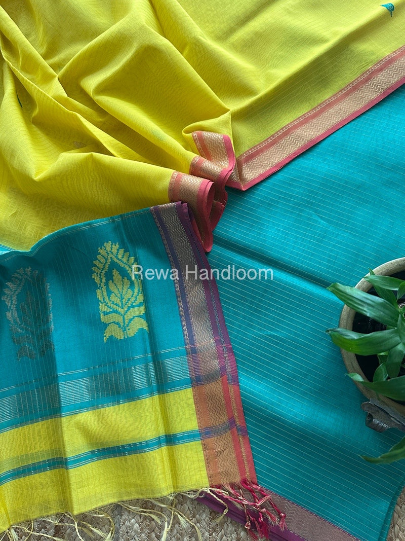 Maheshwari Aqua Green-Yellow Motifs Top-Dupatta Set MS0151