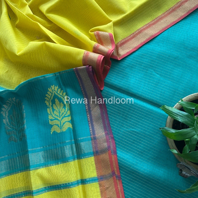 Maheshwari Aqua Green-Yellow Motifs Top-Dupatta Set MS0151