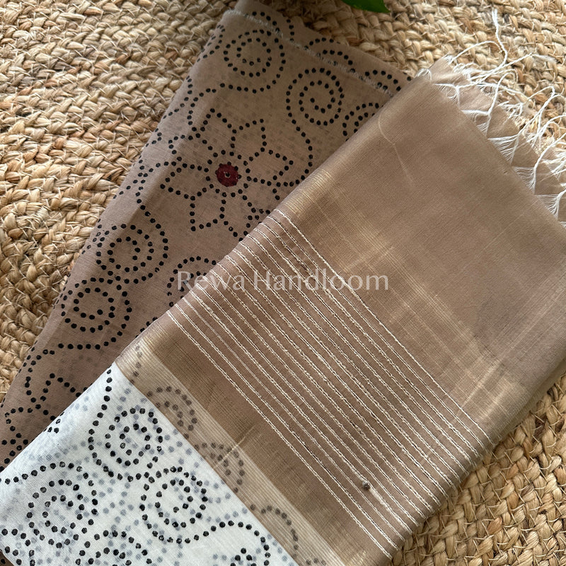 Maheshwari Tusser-White Handblock Print Top-Dupatta-HBS015