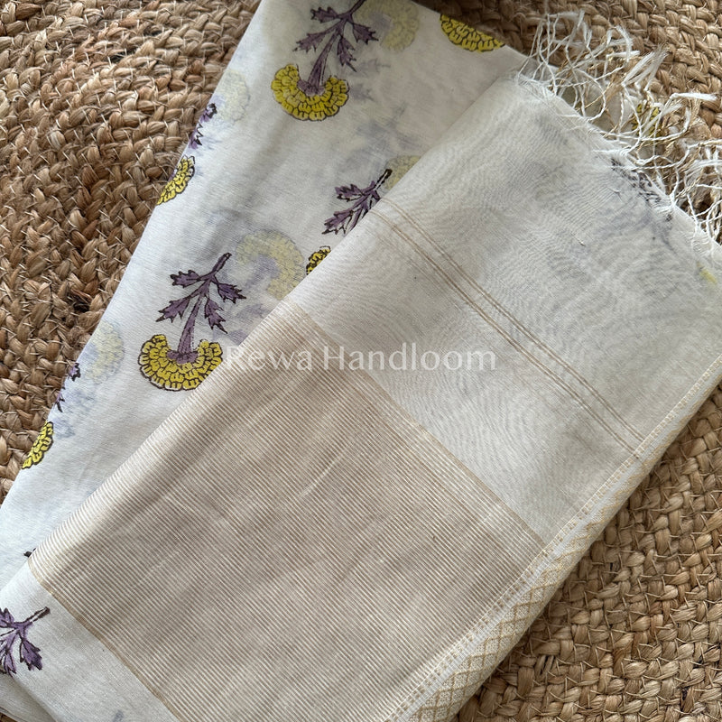 Maheshwari White Handblock Print Top-Dupatta-HBS016