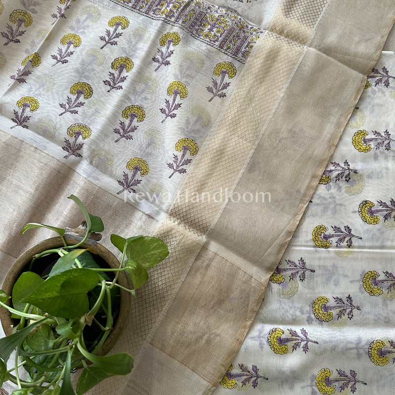 Maheshwari White Handblock Print Top-Dupatta-HBS016