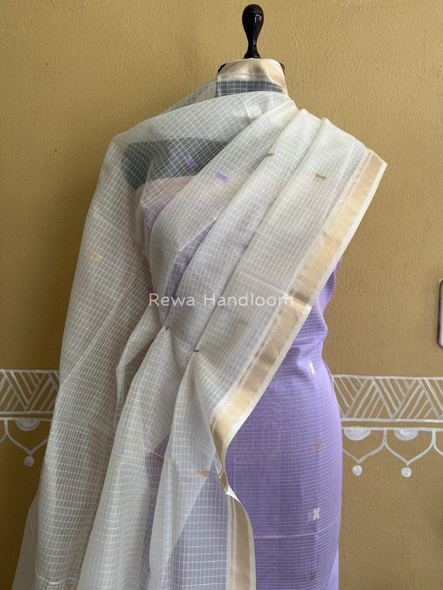 Maheshwari Lavender-White Katan Motifs Top Dupatta Sets KBS030