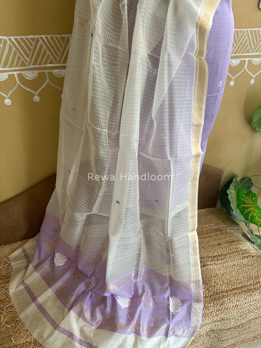 Maheshwari Lavender-White Katan Motifs Top Dupatta Sets KBS030