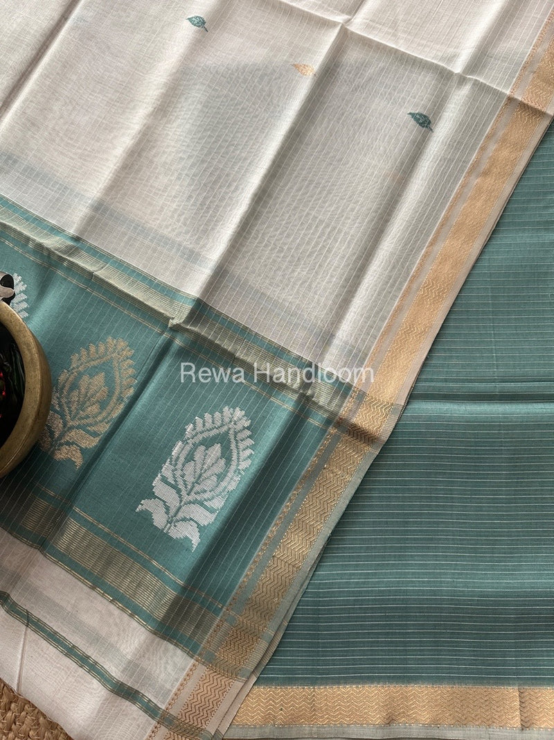 Maheshwari Aqua Blue-White Motifs Top-Dupatta Set MS0175