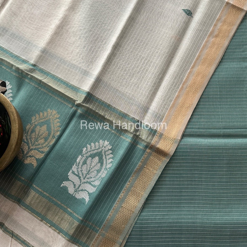 Maheshwari Aqua Blue-White Motifs Top-Dupatta Set MS0175