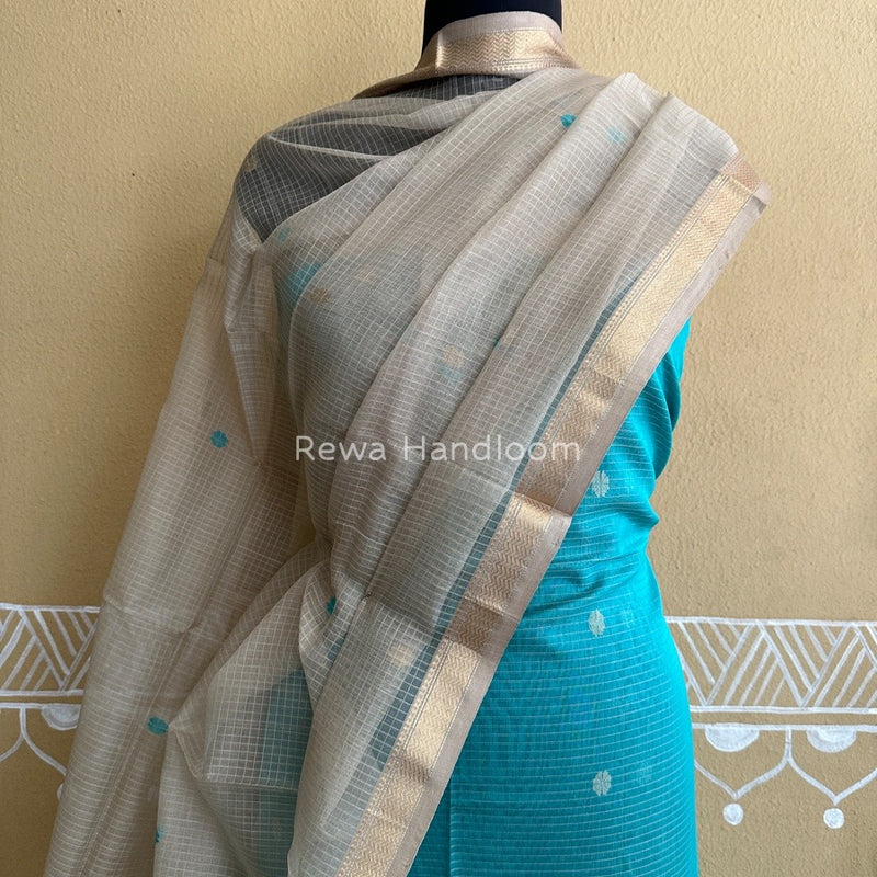 Maheshwari Sea Green- Beige Katan Motifs Top Dupatta Sets KBS047