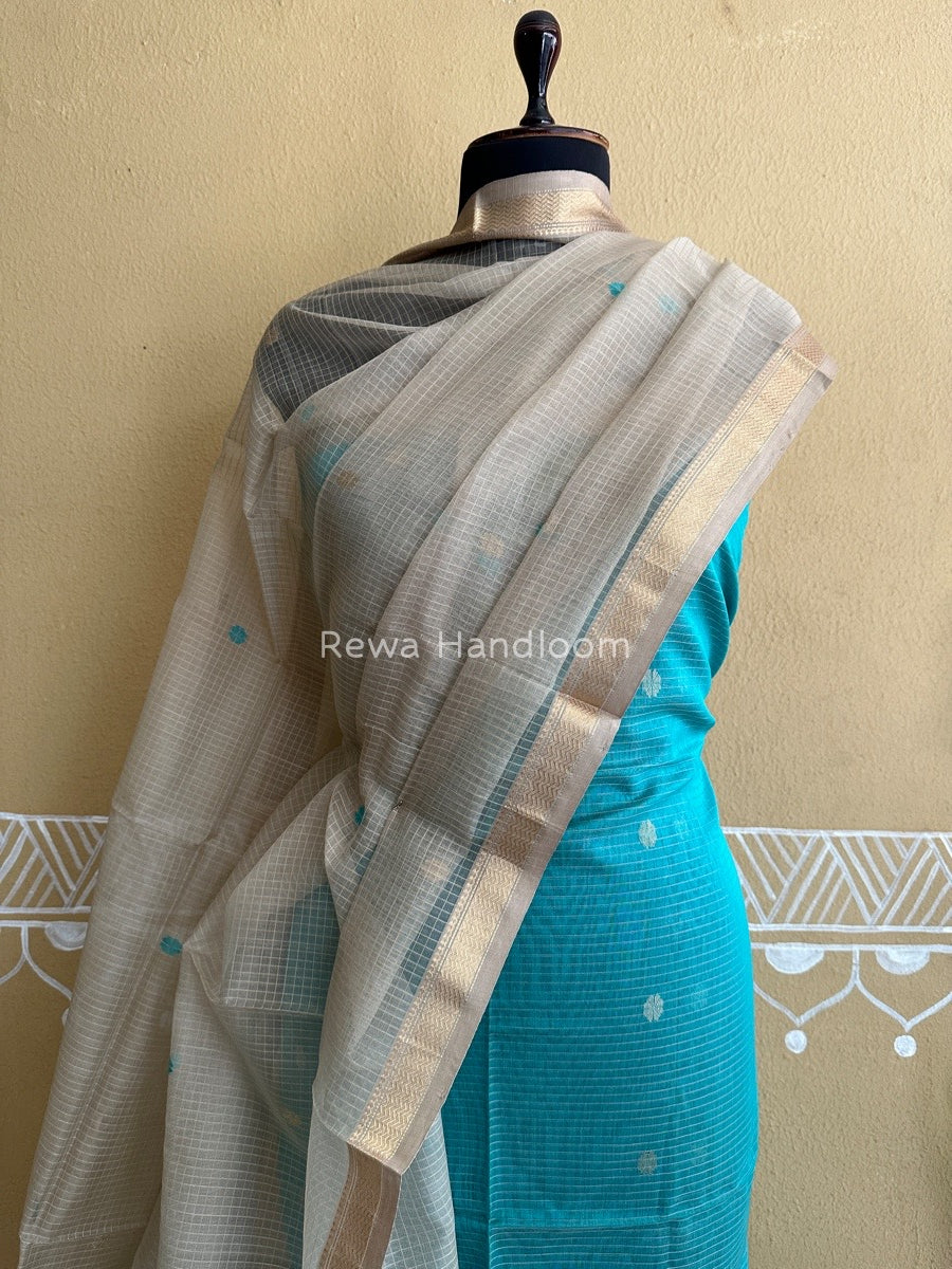 Maheshwari Sea Green- Beige Katan Motifs Top Dupatta Sets KBS047