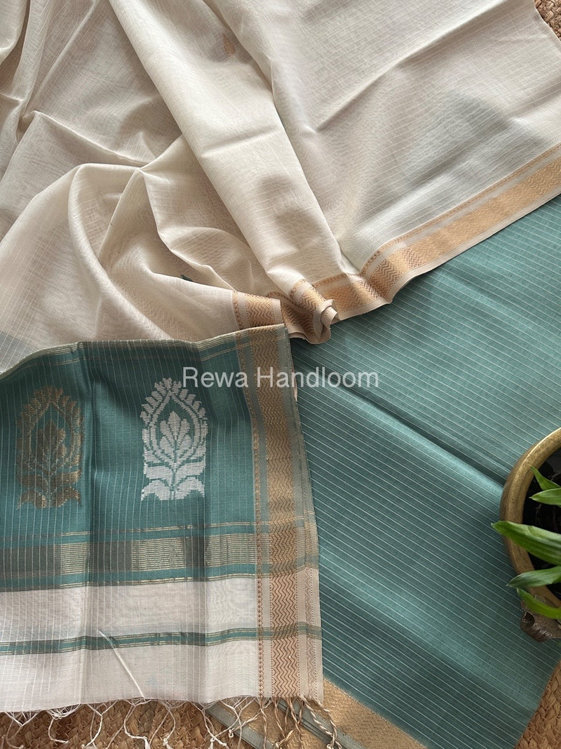 Maheshwari Aqua Blue-White Motifs Top-Dupatta Set MS0175