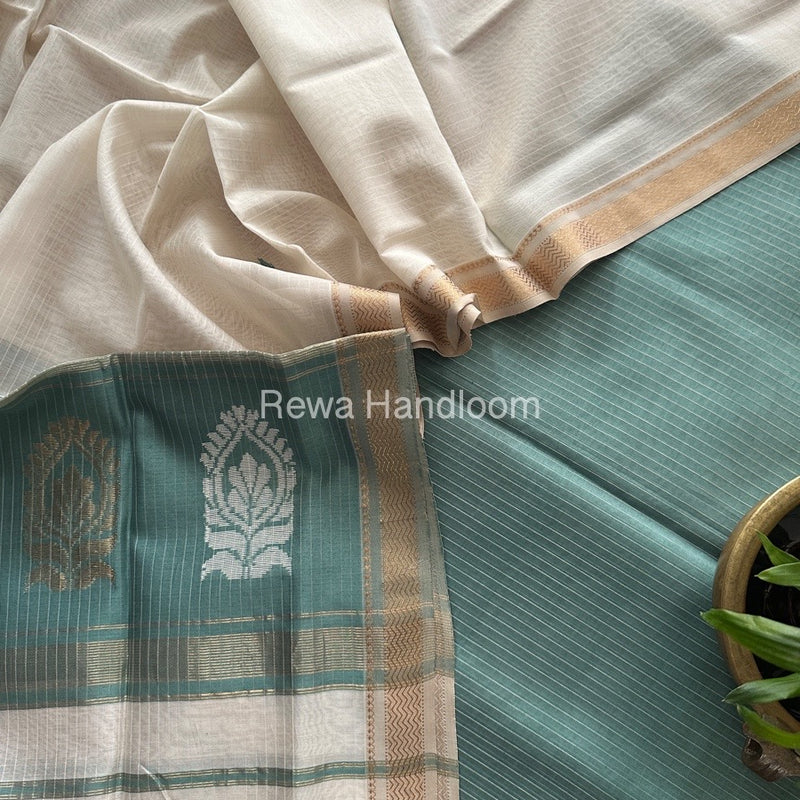 Maheshwari Aqua Blue-White Motifs Top-Dupatta Set MS0175