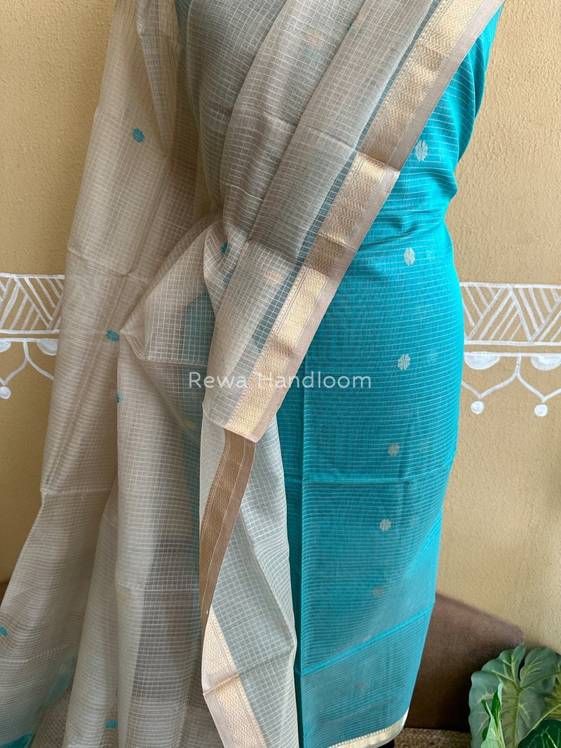Maheshwari Sea Green- Beige Katan Motifs Top Dupatta Sets KBS047