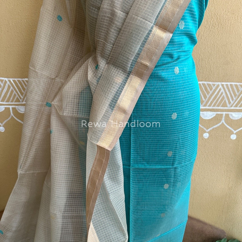 Maheshwari Sea Green- Beige Katan Motifs Top Dupatta Sets KBS047