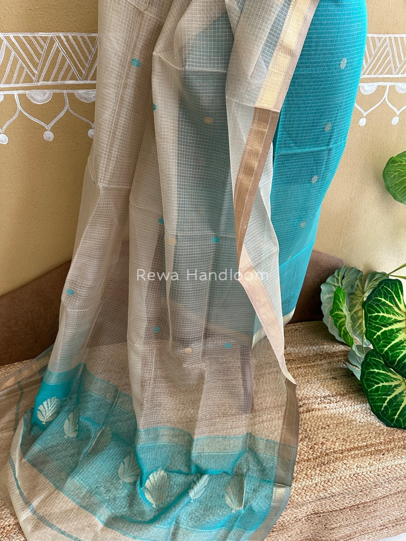Maheshwari Sea Green- Beige Katan Motifs Top Dupatta Sets KBS047