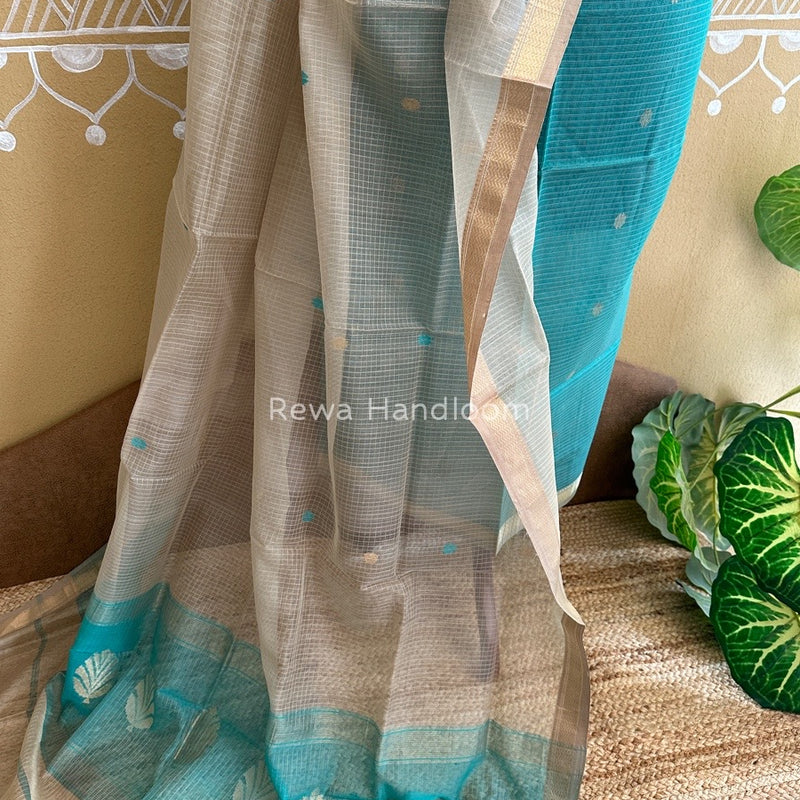 Maheshwari Sea Green- Beige Katan Motifs Top Dupatta Sets KBS047