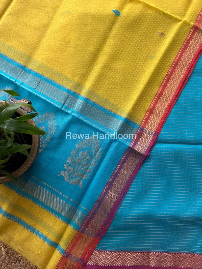 Maheshwari Firozi Blue-Yellow Motifs Top-Dupatta Set MS0137