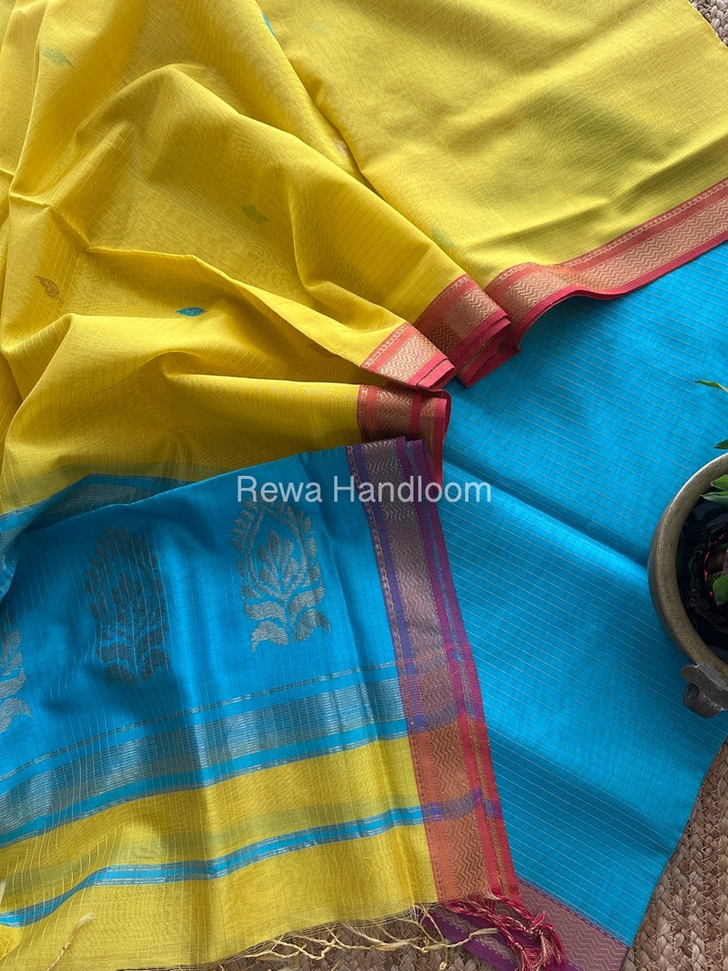 Maheshwari Firozi Blue-Yellow Motifs Top-Dupatta Set MS0137