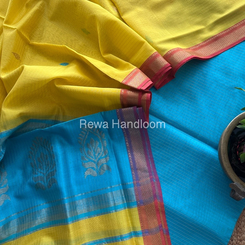 Maheshwari Firozi Blue-Yellow Motifs Top-Dupatta Set MS0137