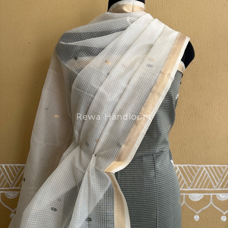Maheshwari Black - White Katan Motifs Top Dupatta Sets KBS046