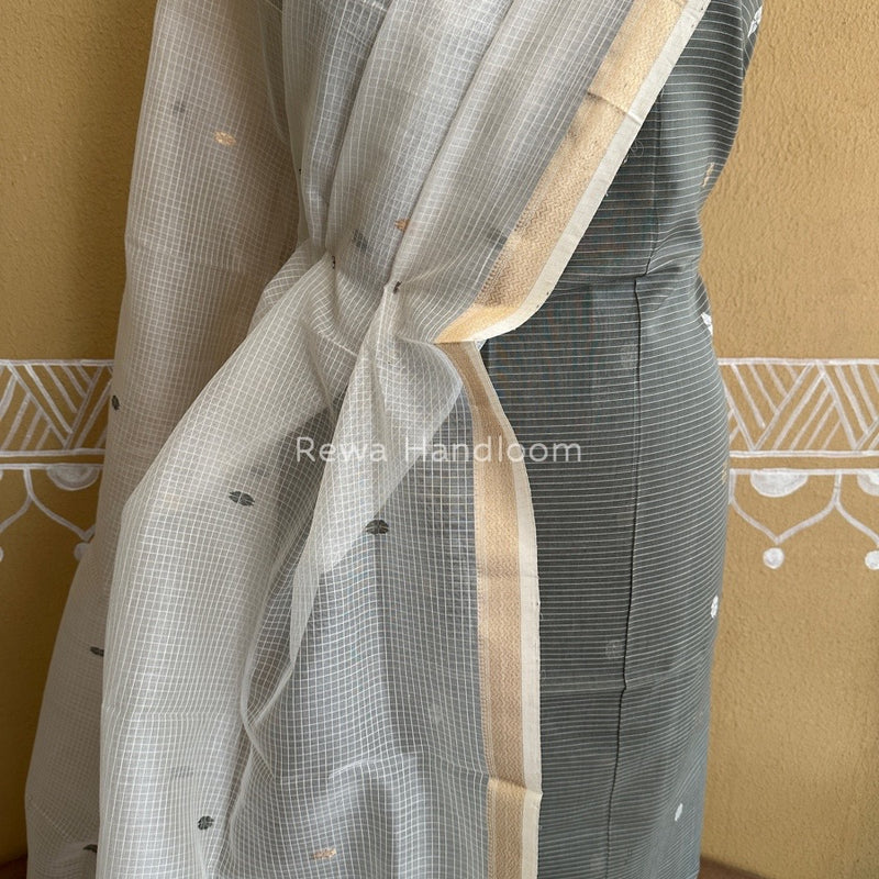 Maheshwari Black - White Katan Motifs Top Dupatta Sets KBS046