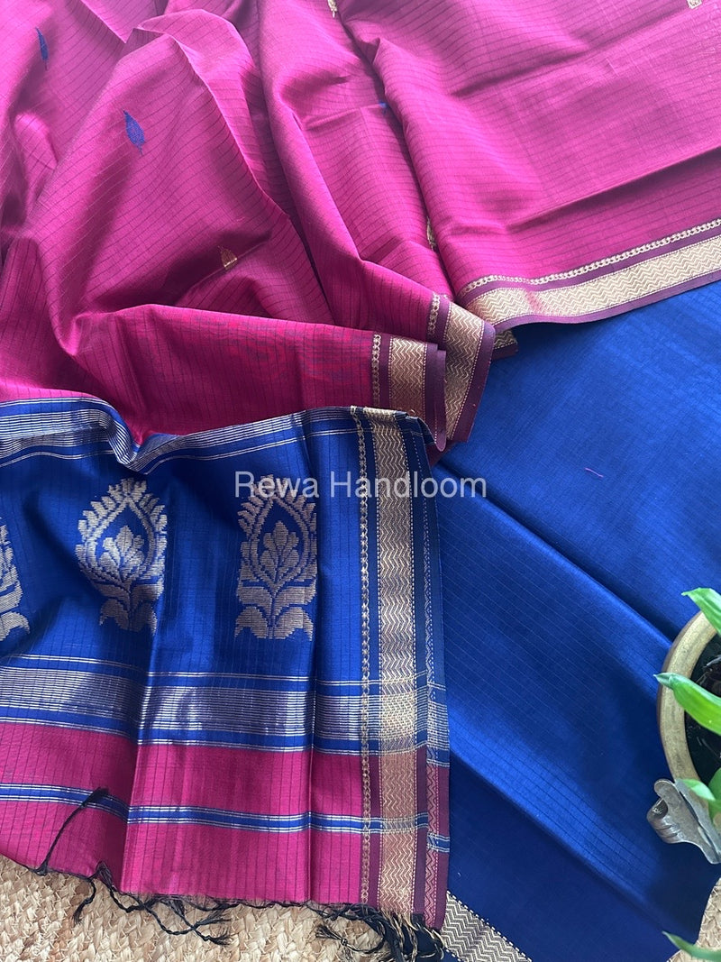 Maheshwari Blue-Magenta Motifs Top-Dupatta Set MS0159
