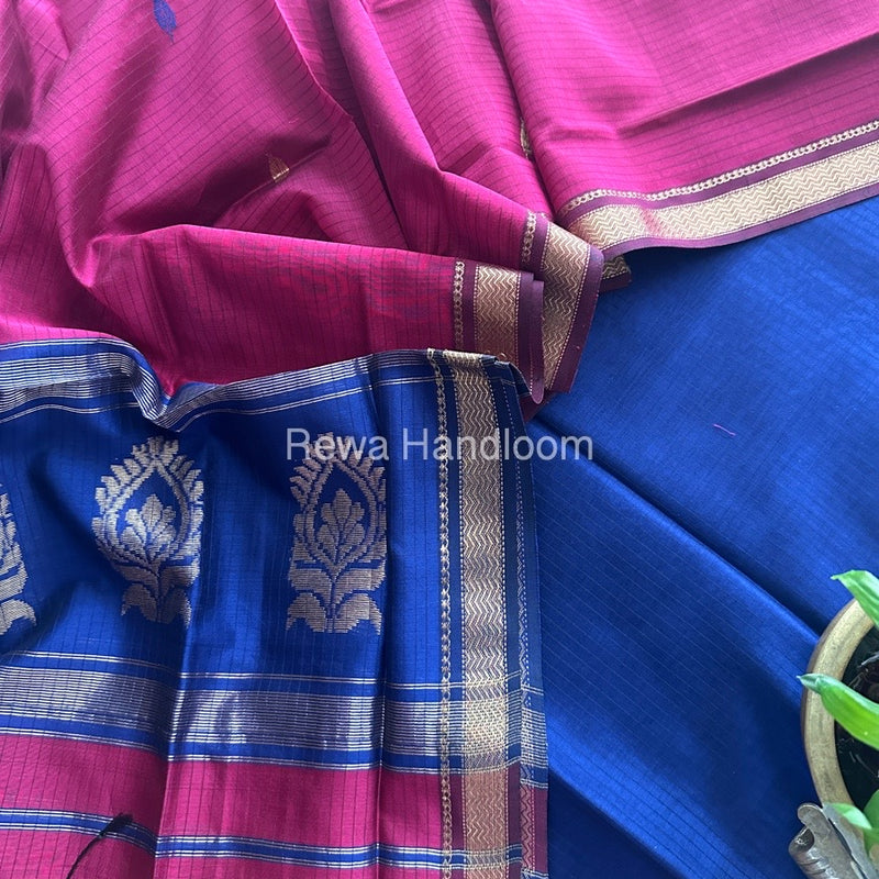 Maheshwari Blue-Magenta Motifs Top-Dupatta Set MS0159