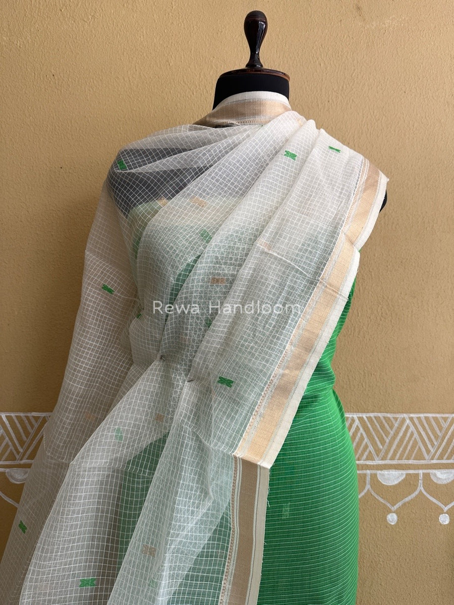 Maheshwari Green- White Katan Motifs Top Dupatta Sets KBS07