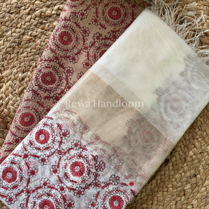Maheshwari Peach-White Handblock Print Top-Dupatta-HBS021