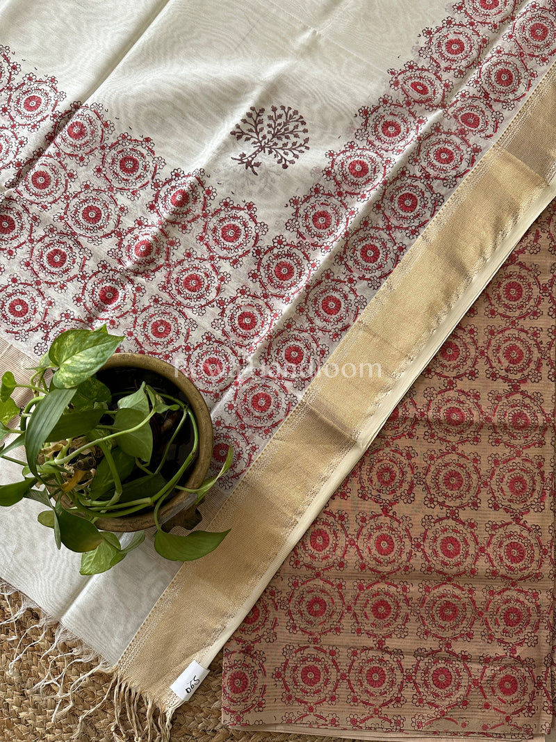 Maheshwari Peach-White Handblock Print Top-Dupatta-HBS021