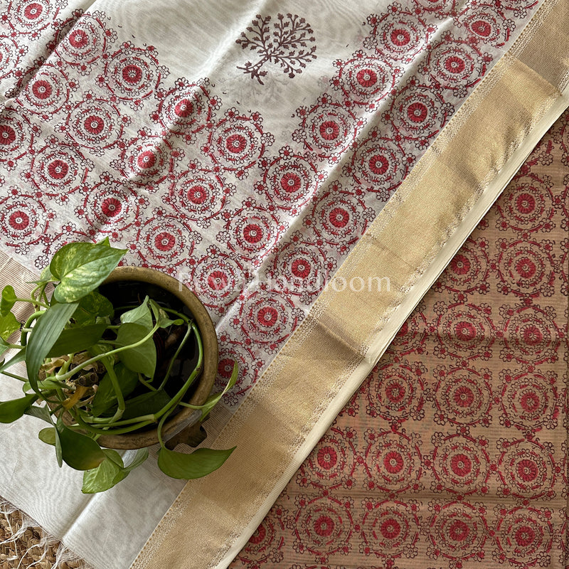 Maheshwari Peach-White Handblock Print Top-Dupatta-HBS021