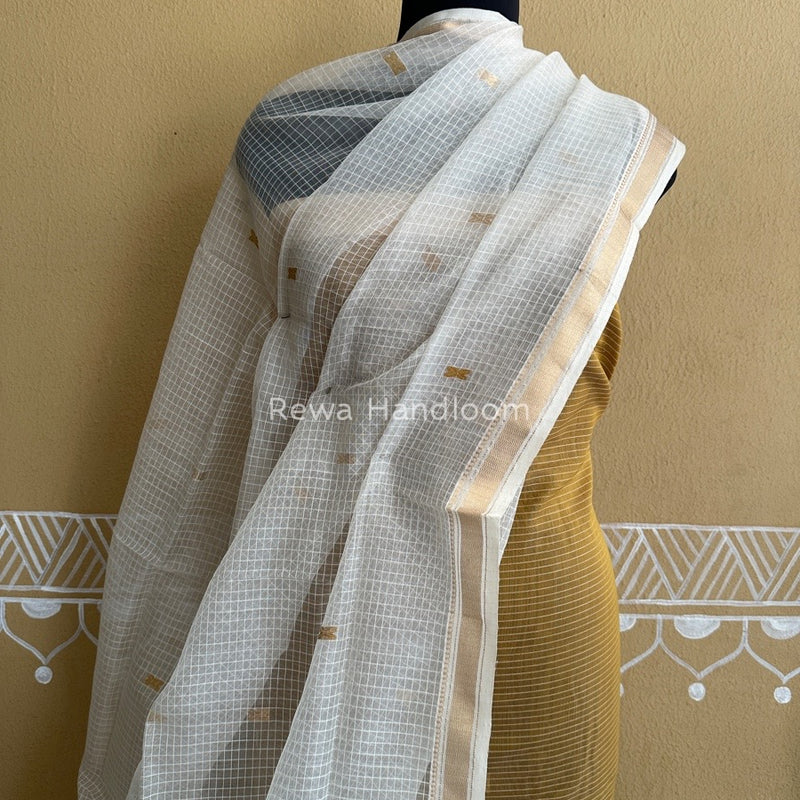 Maheshwari Golden Yellow- White Katan Motifs Top Dupatta Sets KBS062