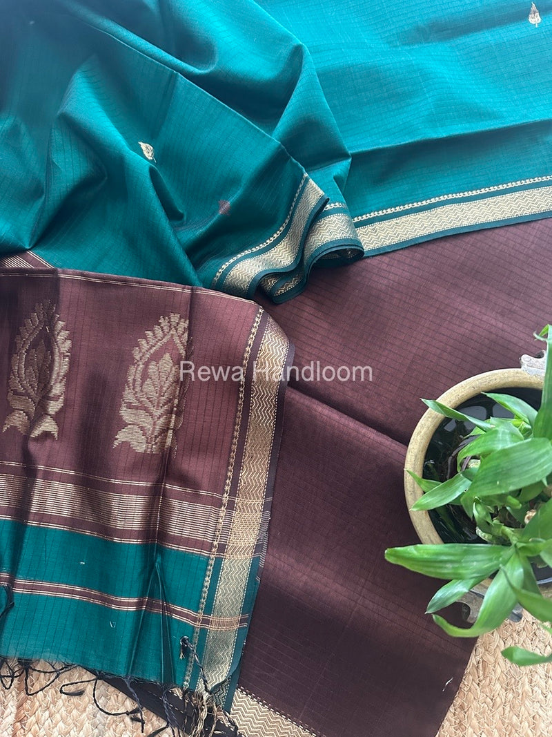 Maheshwari Brown-Green Motifs Top-Dupatta Set MS0160