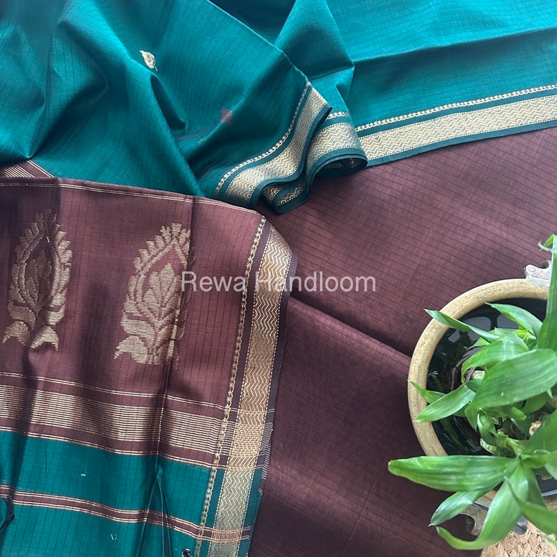 Maheshwari Brown-Green Motifs Top-Dupatta Set MS0160