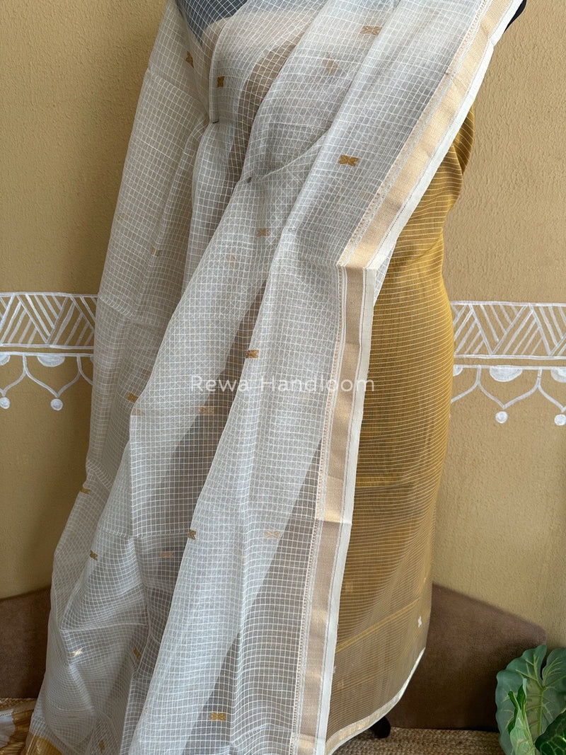 Maheshwari Golden Yellow- White Katan Motifs Top Dupatta Sets KBS062