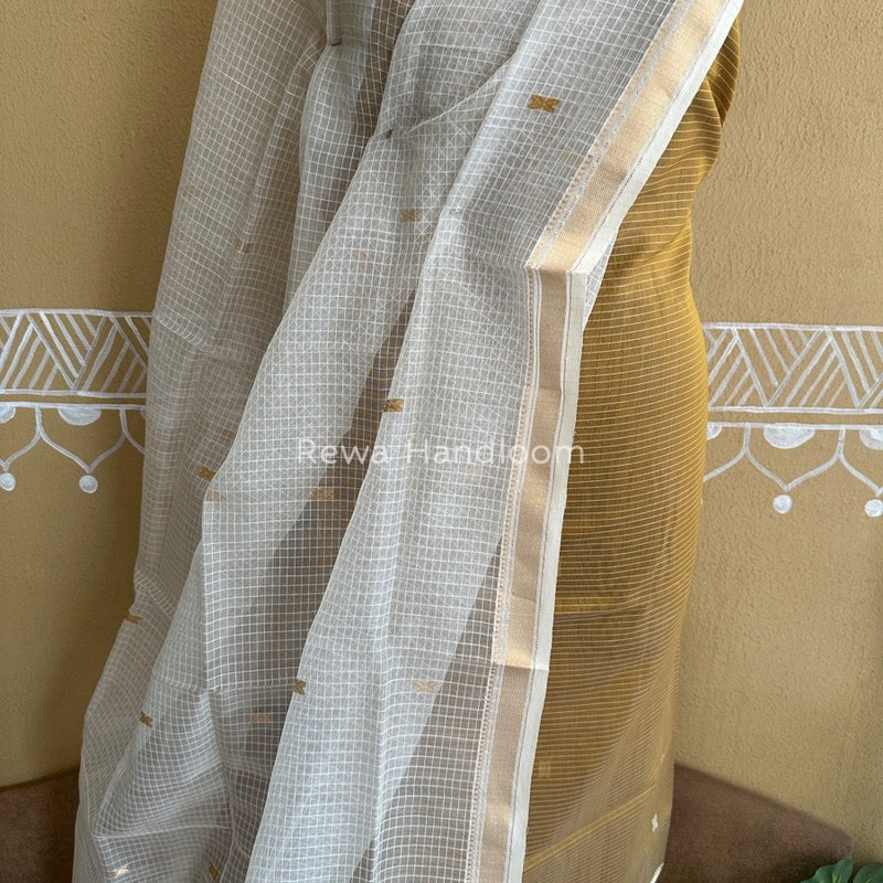 Maheshwari Golden Yellow- White Katan Motifs Top Dupatta Sets KBS062