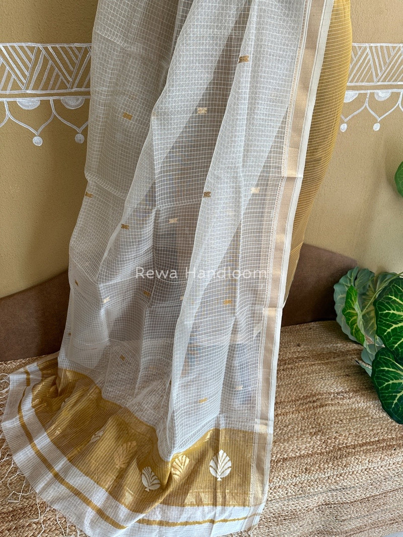 Maheshwari Golden Yellow- White Katan Motifs Top Dupatta Sets KBS062