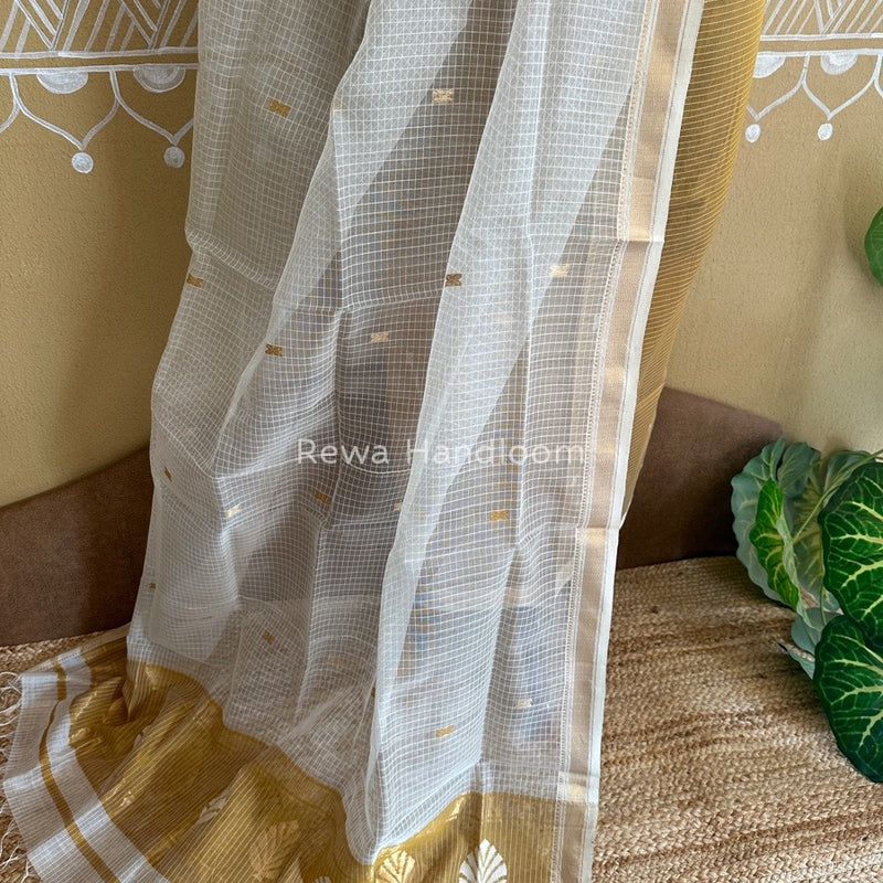 Maheshwari Golden Yellow- White Katan Motifs Top Dupatta Sets KBS062