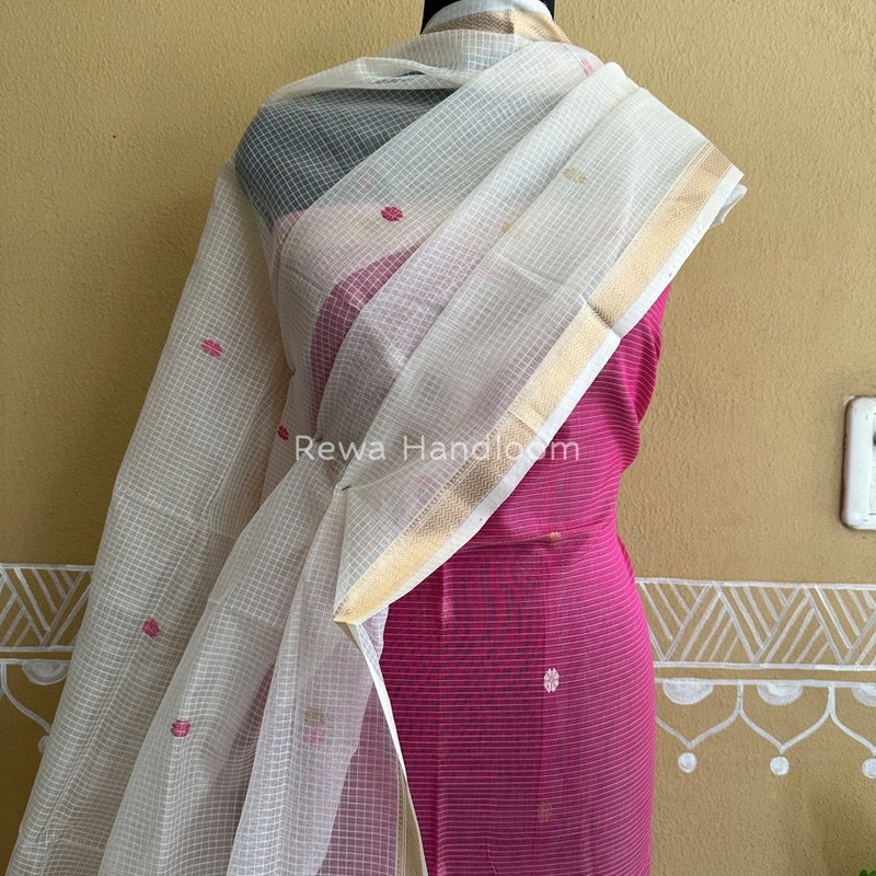 Maheshwari Pink-White Katan Motifs Top Dupatta Sets KBS043