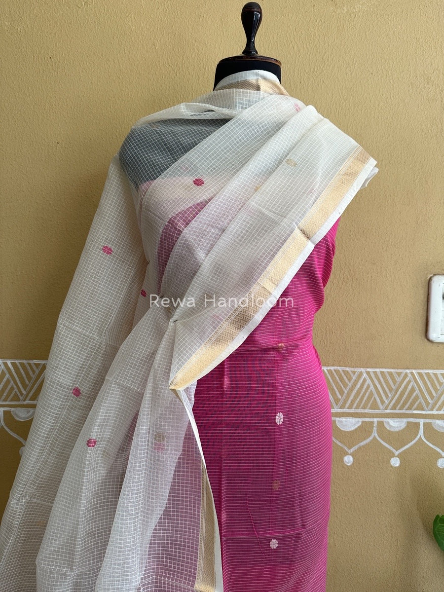 Maheshwari Pink-White Katan Motifs Top Dupatta Sets KBS043