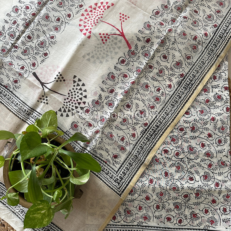 Maheshwari White Handblock Print Top-Dupatta-HBS022