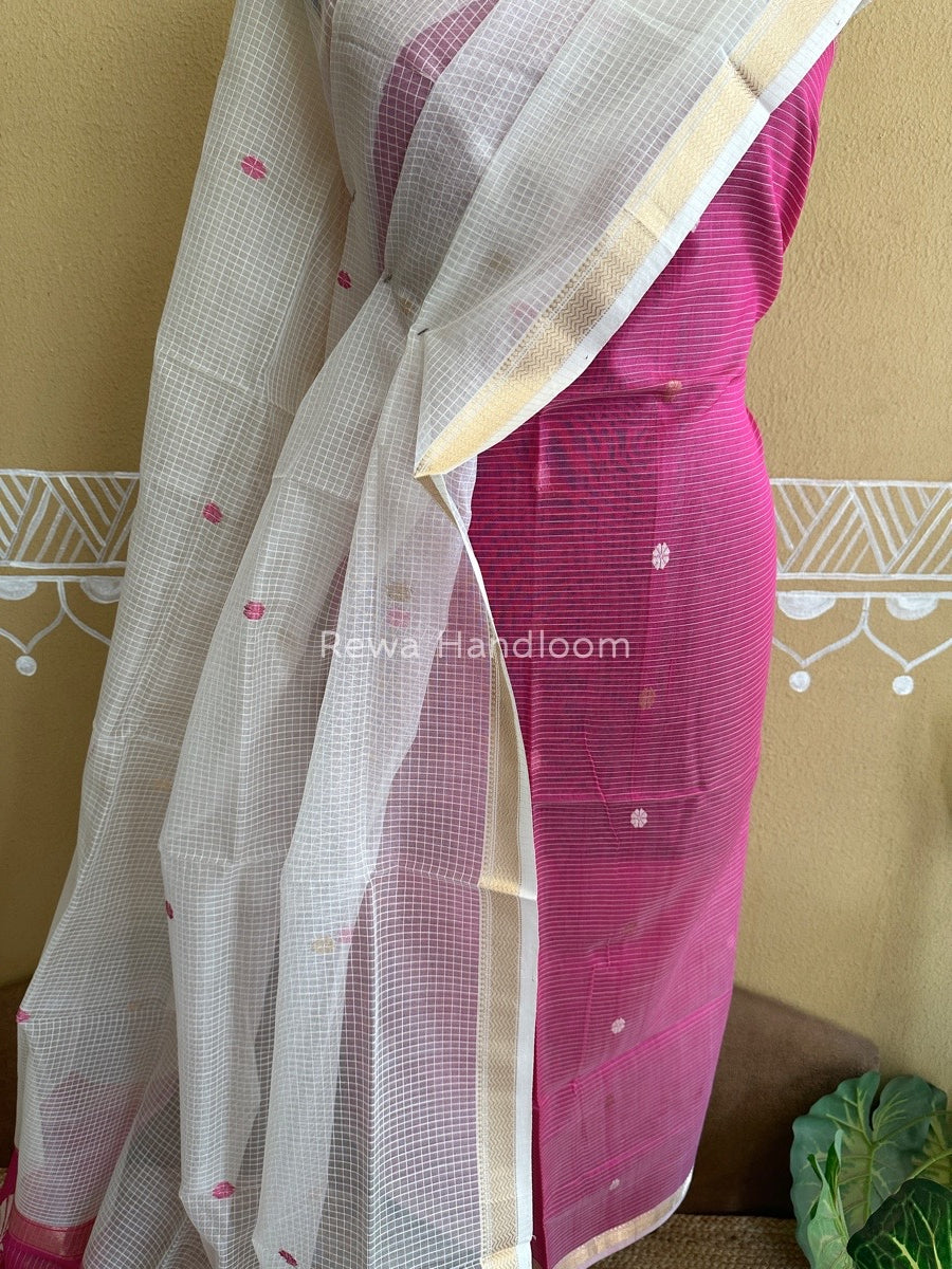 Maheshwari Pink-White Katan Motifs Top Dupatta Sets KBS043