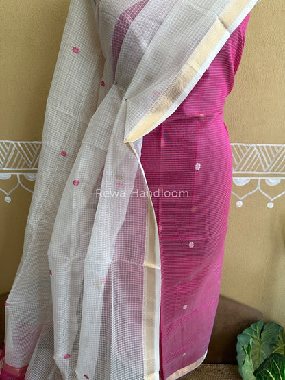 Maheshwari Pink-White Katan Motifs Top Dupatta Sets KBS043