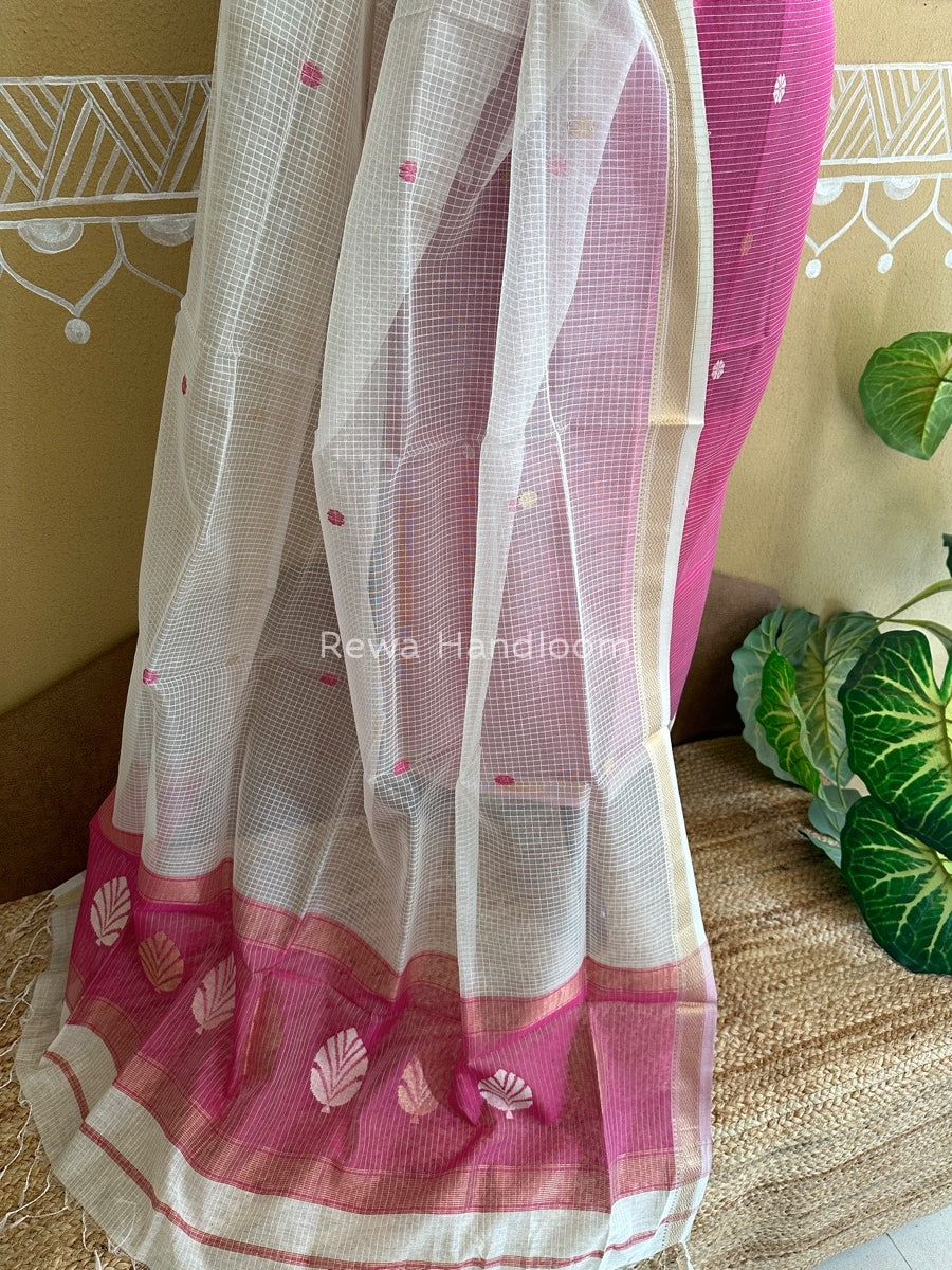 Maheshwari Pink-White Katan Motifs Top Dupatta Sets KBS043