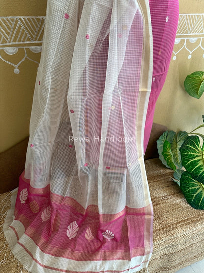 Maheshwari Pink-White Katan Motifs Top Dupatta Sets KBS043