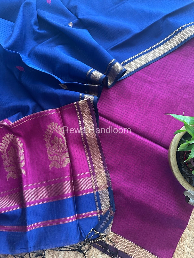 Maheshwari Magenta-Blue Motifs Top-Dupatta Set MS0157