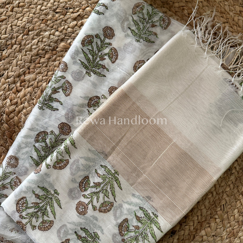 Maheshwari White Handblock Print Top-Dupatta-HBS024
