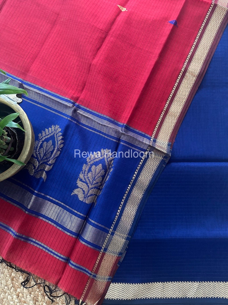 Maheshwari Blue-Red Motifs Top-Dupatta Set MS0136