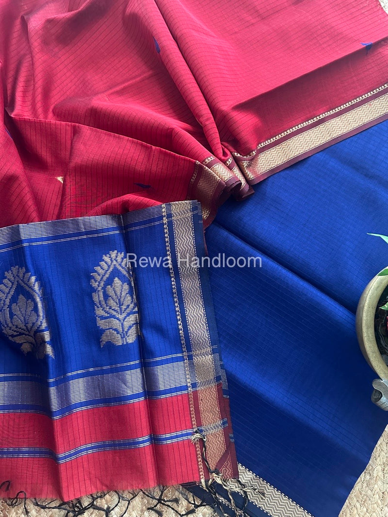 Maheshwari Blue-Red Motifs Top-Dupatta Set MS0136