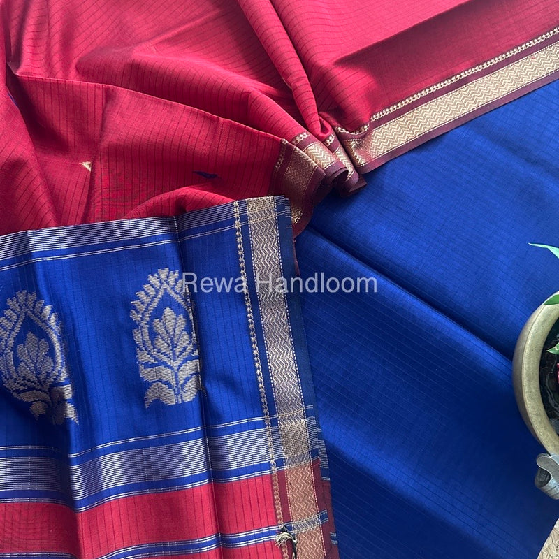 Maheshwari Blue-Red Motifs Top-Dupatta Set MS0136